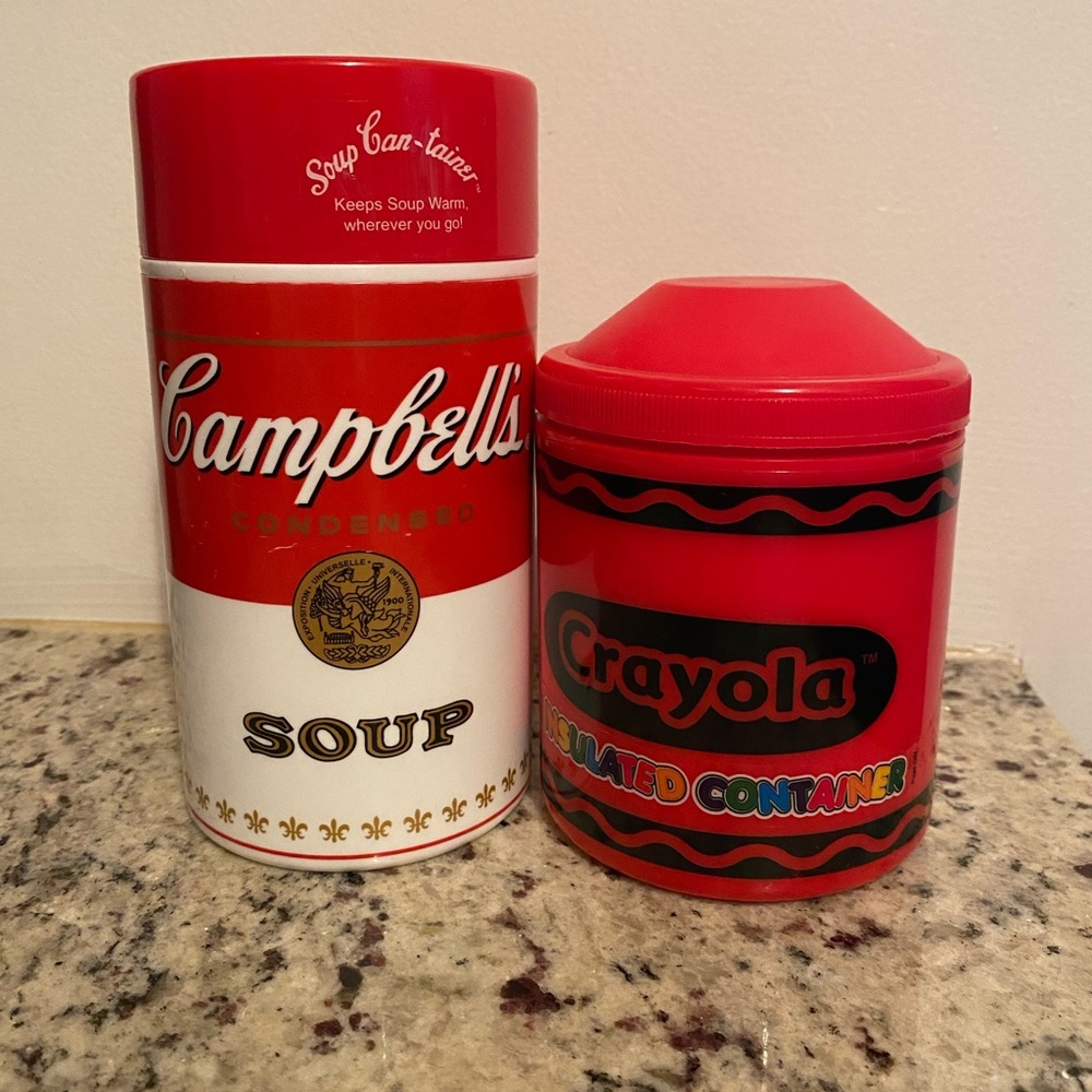 2 collectors thermos set. Crayola/ Campbell’s. Campbell lid is missing handle.